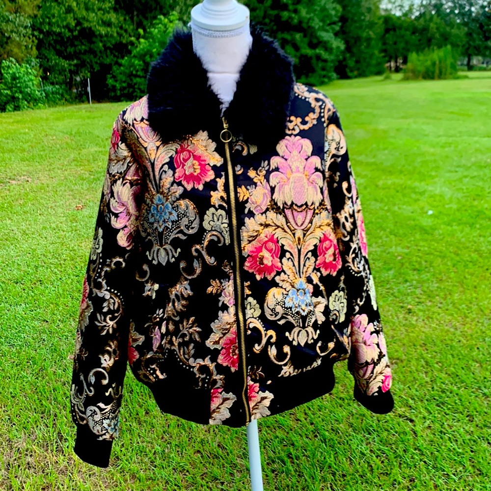 Tapestry Floral Moto Jacket Black Front Zip Jacket Size Large